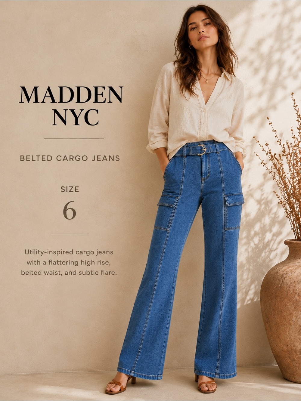 Madden NYC Belted Cargo Jeans Women’s Size 6 High Rise Wide Leg Blue Denim